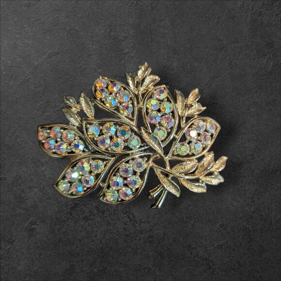 Gold-Tone Leaf Tree Brooch With Aurora Borealis Rhinestones Pin - Picture 3 of 6